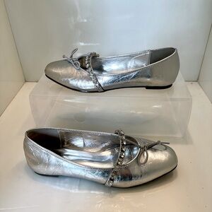 LiViana Silver Ballet Flats with Decorative Crystal Strap  Detail